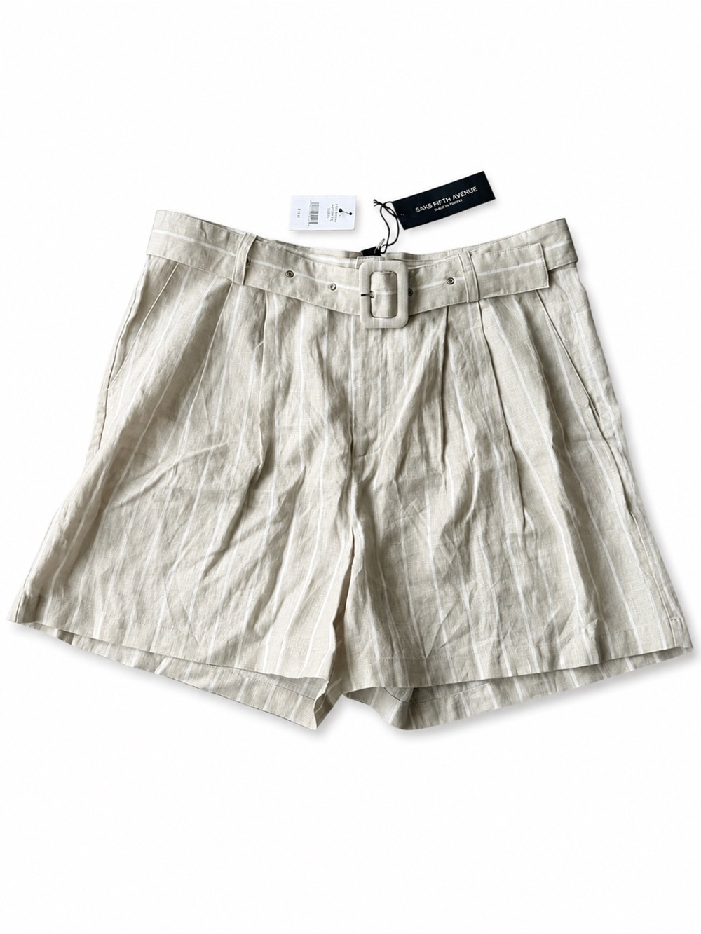 Saks Fifth Avenue Natural Beige & White Striped 100% Linen Belted Shorts Size XL